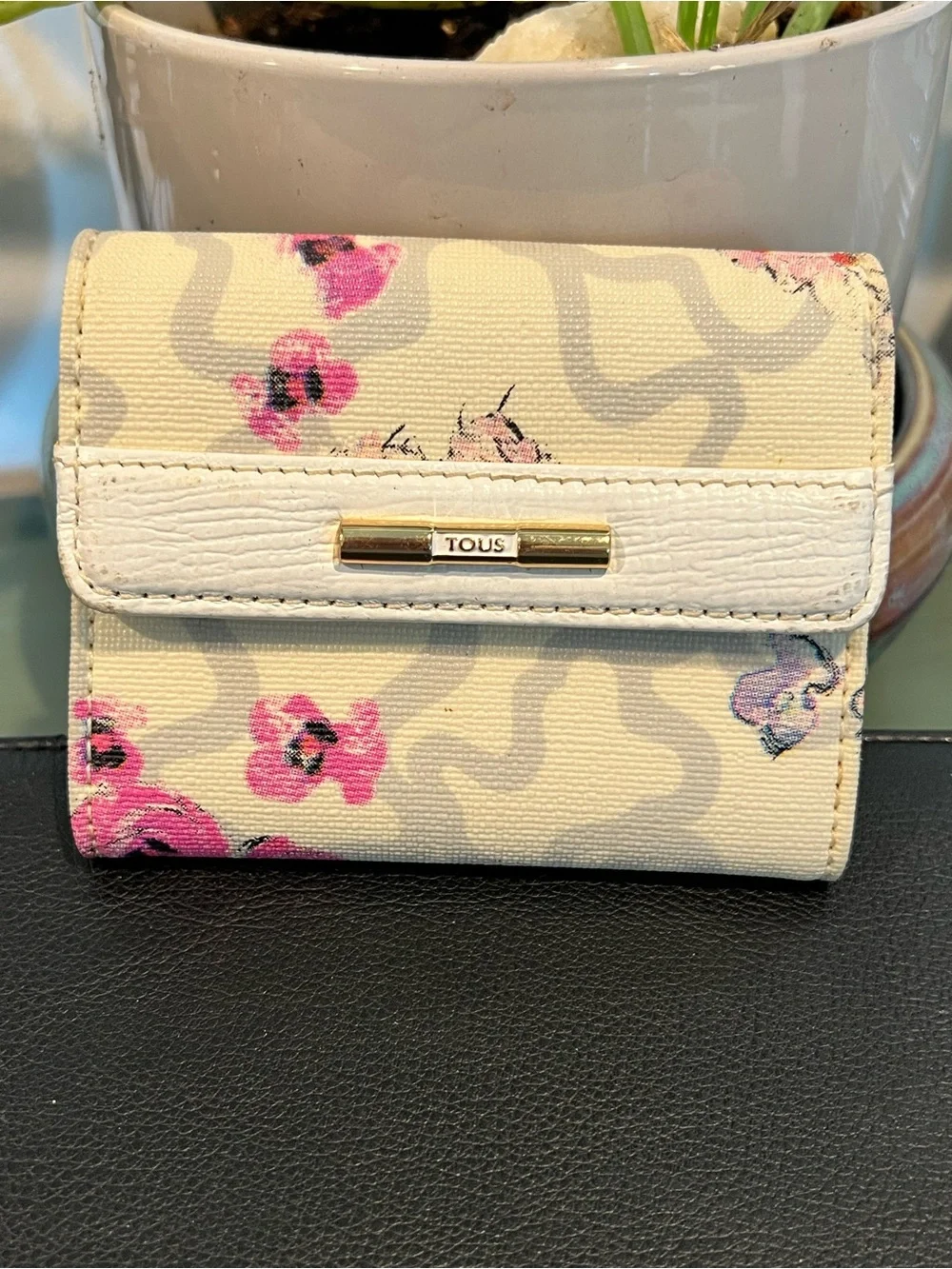 TOUS Cream Wallet with Pink Floral Accents and Gold Logo